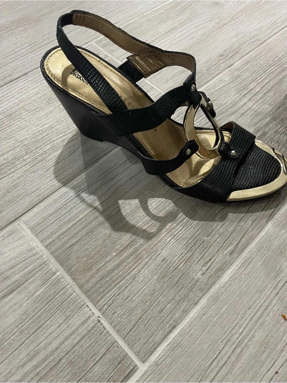 Anne Klein Black Wedge Sandals with Gold Accent